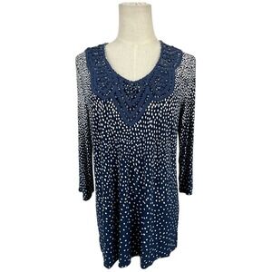 Susan Graver Essentials Navy White Dot Crochet Neck 3/4 Sleeve Tunic Top Women S